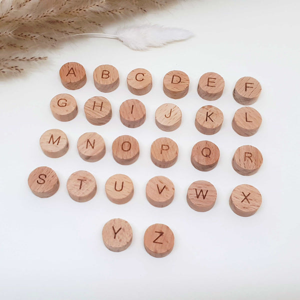 Ontwerp je eigen speenkoord met naam en siliconen en houten kralen - Little Ukkies - Beukenhouten ronde letterkralen, alfabet, ABC
